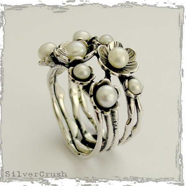 Floral ring,  woodland ring, sterling silver ring, stones ring, fresh water pearls ring, stacking bands, multi stones ring- Clueless R1687