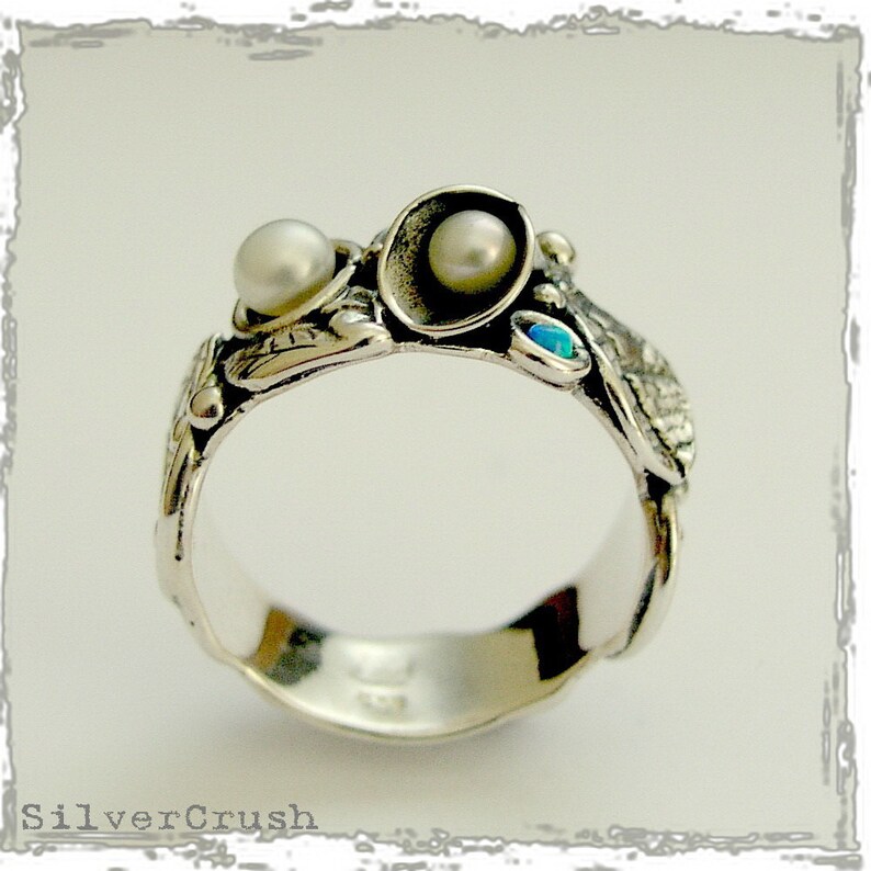 Sterling silver Band, leaf band, flowers band, woodland ring, pearls and blue opal band, gemstones ring, floral band, botanical Hint R1700 image 3