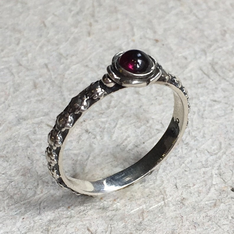 Garnet ring, engagement ring, Thin Ring, floral ring, sterling silver ring, floral band, red ring, Stacking ring Signs of time R1694-1 image 2