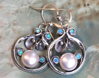 Blue opal earrings, pearl earrings, Dangle earrings, Sterling silver pearl earrings, floral earrings, Long dangle earrings - Suddenly E2151