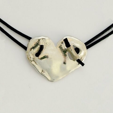 Silver Heart Necklace, Black String Necklace, Heart Pendant