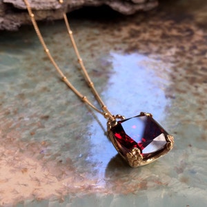 Garnet necklace, cushion cut stone pendant, floral pendant, golden brass pendant, January birthstone, gold necklace Hello spring NK2039 image 1