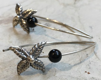 Onyx earrings, hook earrings, Silver leaf earrings, drop earrings, gemstone earrings, botanical jewelry, dangle earrings - Discovery E8062