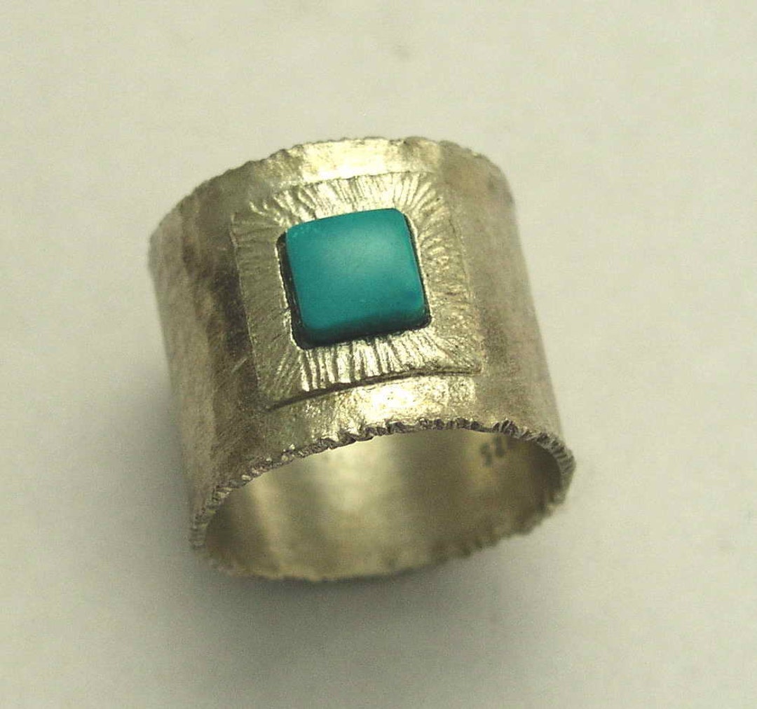 Turquoise Ring Square Stone Ring Sterling Silver Wide Band - Etsy
