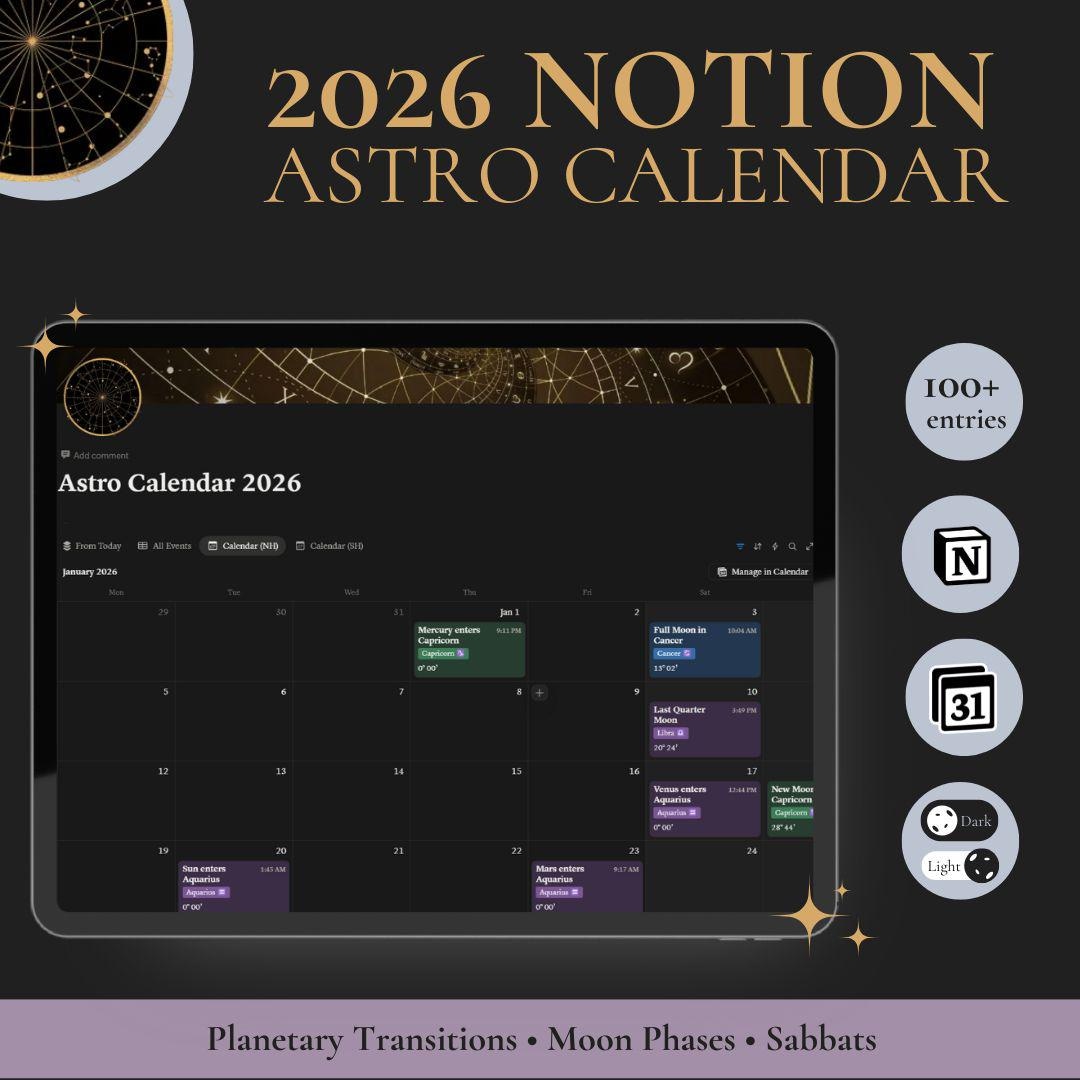 Astrology Calendar 2026 for Notion | Planetary Transits & Moon Phases ...