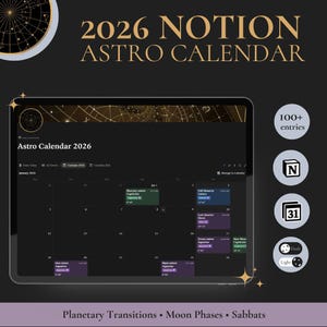 May include: A digital Astro Calendar for 2026 displayed on a tablet. The calendar features a dark theme with astrological event listings. The image includes the text "2026 NOTION ASTRO CALENDAR" and "Astro Calendar 2026".