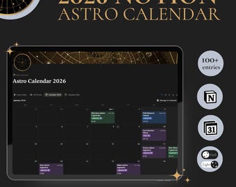 Calendario astrologico 2026 per Notion / Transiti planetari e fasi lunari / Calendario astrologico digitale