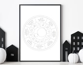 Minimalist Wheel of the Year Printable | Wiccan Sabbat & Zodiac Chart | Simple Black White Wall Art | Witchcraft Decor | Grimoire Page