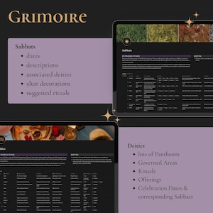 May include: A digital grimoire with information about Sabbats, deities, and rituals. The page shows a table with dates, descriptions, associated deities, altar decorations, and suggested rituals for each Sabbat.