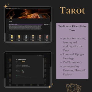 May include: A screenshot of a website showing a digital tarot deck. The website has a dark background with a light gray text. The website shows the tarot cards in a grid format. The website also has a section for the "The Magician" card, which shows the card's meaning and keywords.
