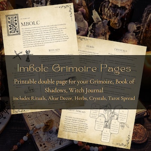 May include: Printable double page for a grimoire, book of shadows, or witch journal. The pages feature a title card for the Imbolc Sabbat, with a list of rituals, herbs, crystals, and a tarot spread.