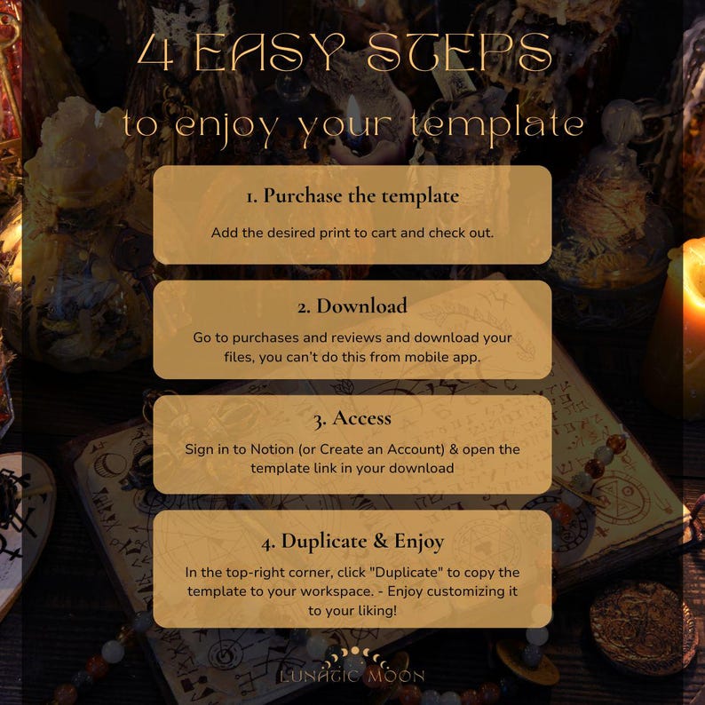 May include: A graphic with four steps to enjoy a template. The steps are: Purchase the template, Download, Access, and Duplicate & Enjoy. The graphic has a vintage aesthetic with a background of a book with a candle and other decorative items.