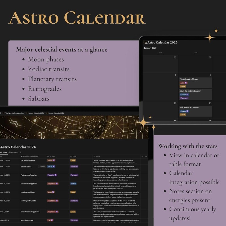 May include: A black and gold digital calendar with the text "Astro Calendar" in a gold font. The calendar shows major celestial events, such as moon phases, zodiac transits, planetary transits, retrogrades, and sabbats. The calendar also includes a section on working with the stars, which includes information on viewing the calendar in table format, calendar integration, notes on energies present, and continuous yearly updates.