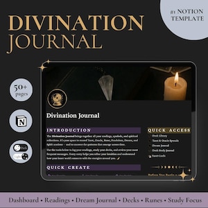 May include: A digital Divination Journal template with over 50 pages, designed for recording readings, symbols, and spiritual reflections. Features include quick access to deck libraries, tarot spreads, and dream journals. The design includes a candle and a crystal pendulum.