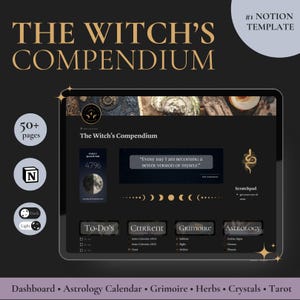Witch's Compendium Notion Template – Astrology Calendar 2024-2025, Moon Phases, Tarot Guide, Zodiac Insights, Crystal & Herb Grimoire