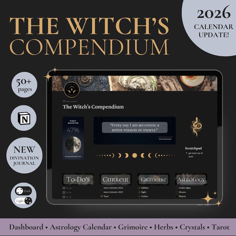 Witch’s Compendium Notion Template | Digital Grimoire | Astrology Calendar 2026 + Divination Journal Add-On image 1