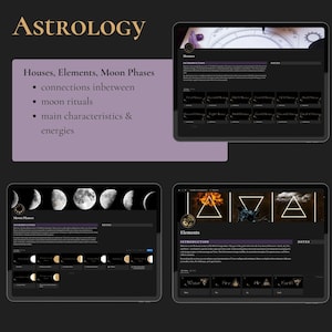 May include: Four digital screens with black backgrounds and white text. The screens display information about astrology, including houses, elements, and moon phases. The text on the screens includes "Houses, Elements, Moon Phases", "Connections inbetween", "Moon Rituals", "Main Characteristics & Energies", "Introduction", "Notes", "Moon Phases", "Elements", "Water", "Fire", "Air", "Earth".