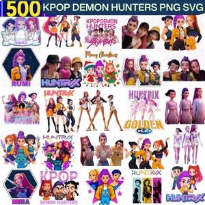 500 Huntrix Kpop Demon Hunters PNG SVG, conception de chemise de groupe Kpop Idol, dîner de fille Png, bandes de Saja Boys Girls Png, fans de Huntrix, téléchargement numérique