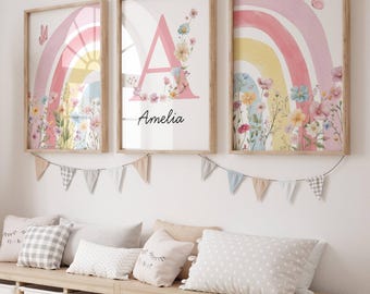 Aangepaste bloemen regenboog muur kunst set van 3, kinderkamer decor prints, babykamer regenboog kunst, gepersonaliseerde naam poster, muur decor wilde bloemen