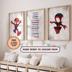 Stampa artistica da parete di Spiderman, nome personalizzato per bambino con affermazioni &quot;I am&quot;, decorazione per la cameretta dei bambini, set di 3 poster di Spiderman, decorazione per la cameretta dei bambini piccoli