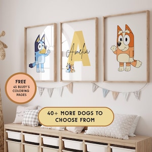 Personalized Bluey and Bingo Dog Wall Art Prints Set of 3, Bluey Nursery Decor, Custom Name Bluey Bingo Posters, Free Bluey Coloring Book