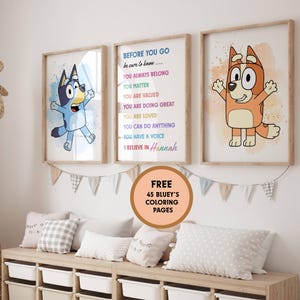 Set of 3 Custom Bluey & Bingo Print, Personalized Bluey Wall Art with Daily Affirmations, Bluey Bedroom Poster, Kids Affirmations Wall Art