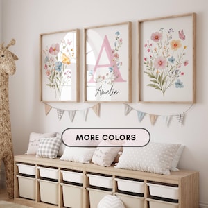 Personalized Botanical Nursery Set of 3, Watercolor Flower Wall Art for Baby Girl, Custom Name Nursery Print, Wildflower Nursery Decor, Boho