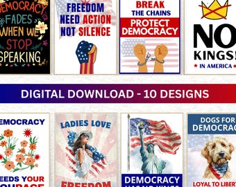 Lote de 10 carteles de protesta anti-Trump "No Kings", "Protect Democracy", "Póster de activista político", "Pancarta de manifestación", descarga instantánea