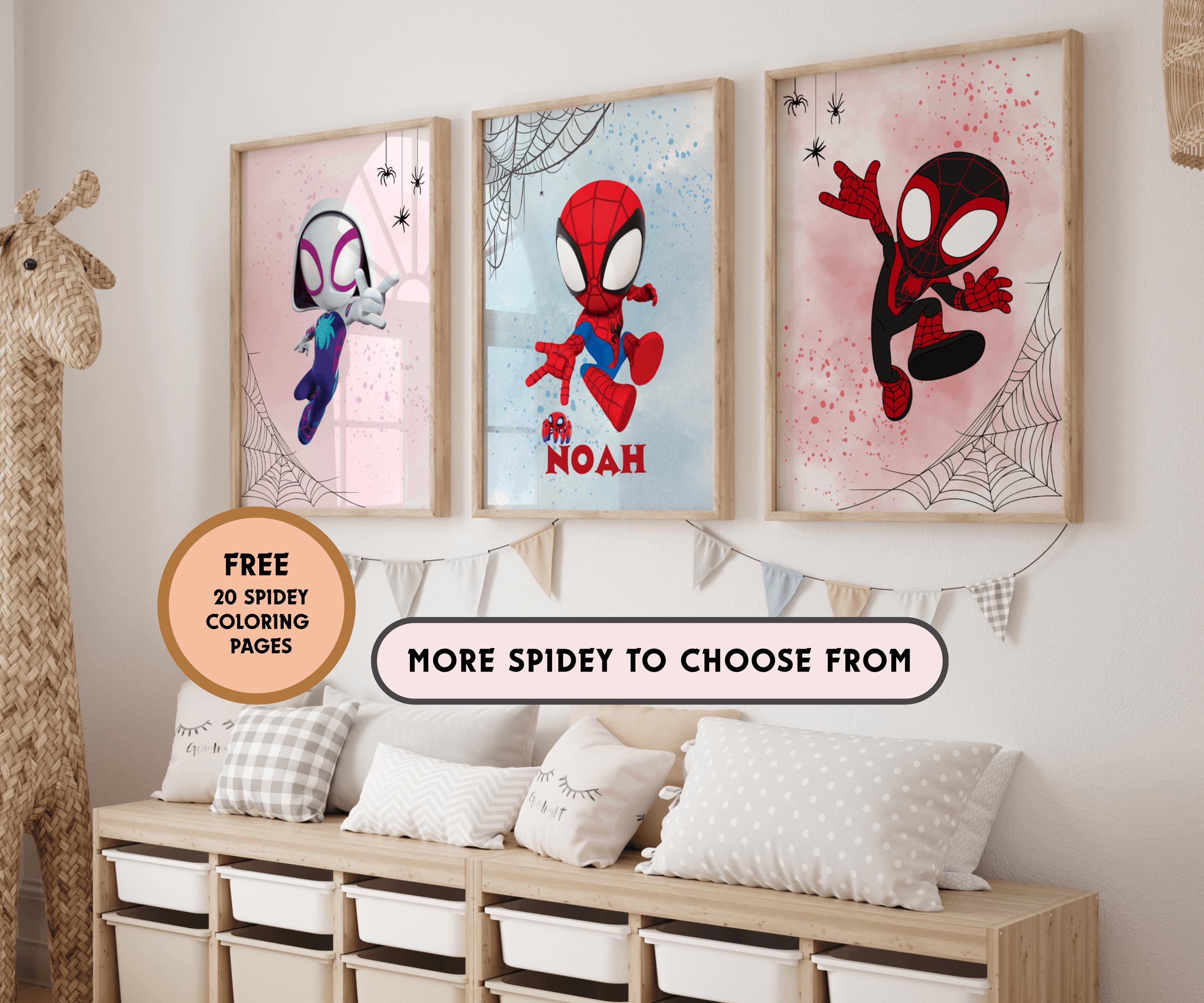 Set of 3 Custom Spiderman Print, Personalized Kids Room Decor, Spiderman Wall Art, Digital Download, Boy Bedroom Poster, Free Coloring Book