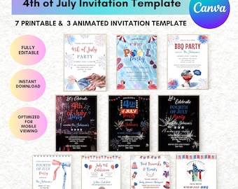 10 Independence Day Bundle Printable and Animated Invitation, July 4th BBQ Pool Invite, July Fourth Food Friend and Firework, Editable Canva