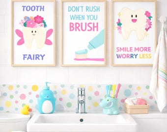 Set of 15 Dental Wall Art for Kids Bathroom, Tooth Brushing Nursery Prints, Pediatric Dentist Decor, Printable Dental Art Digital Download