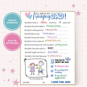 Regalo del Día del Padre "Todo sobre mi papá" imprimible, regalo personalizado para papá de los niños, cuestionario para completar el día del padre, descarga instantánea