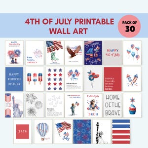 Pacote com 30 impressões de arte da bandeira americana, impressões de arte do Memorial Day, decoração de 4 de julho, arte vermelha, branca e azul de 4 de julho, download digital