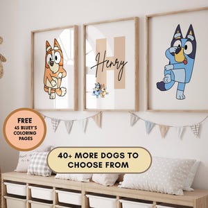Set of 3 Custom Bluey & Bingo Print, Personalized Bluey Wall Art, Digital Download Kids Room Decor, Bluey Bedroom Poster, Nursery Wall Decor