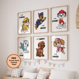 Set of 6 Dogs Themed Wall Art Prints, Paw Patrol Nursery Decor for Toddler Boy Girl, I am Affirmations Posters with Skye Everest Chase Zuma