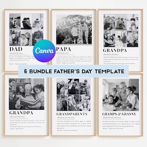 Op de afbeelding: Zes ingelijste zwart-wit fotocollages met tekst, waaronder "DAD", "PAPA", "GRANDPA" en "GRANDPARENTS". De tekst "6 BUNDLE FATHER'S DAY TEMPLATE" is ook zichtbaar. De frames worden weergegeven tegen een lichte achtergrond.
