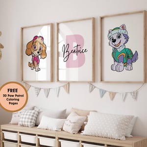 Set of 3 Skye Paw Patrol Nursery Prints, Personalized Girl Room Wall Art, Digital Posters Custom Name Everest Skye Paw Patrol Birthday Gifts