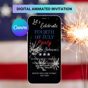 Digital Ingebrochenheit Tag Party Invite, 4. Juli Einladung mit Feuerwerk, Grillen und Lagerfeuer Feier. DIY bearbeitbare Vorlage, USA-Urlaub