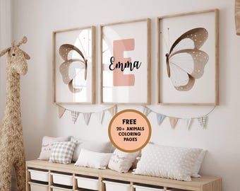 Personalized Butterfly Wall Art Nursery Print Set, Custom Name Butterfly Decor for Baby Girl Room, Boho Nursery Wall Art, Girl Nursery Decor