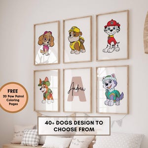 Set of 6 Dogs Themed Wall Art – Personalized Paw Patrol Prints, Paw Nursery Decor for Toddler Boy or Girl, Paw Custom Name Digital Posters