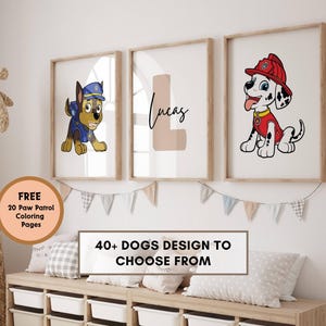 Juego de 3 impresiones de arte de pared con temática de la Patrulla Canina, decoración de guardería, Marshall de la Patrulla Canina personalizado, decoraciones de Chase de la Patrulla Canina, póster digital de Paw Dog