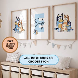 Set of 3 Personalized Bluey Wall Art, Custom Name Bluey and Bingo Digital Poster with Free Bluey Coloring Book, Bluey Decorations Bluey Gift