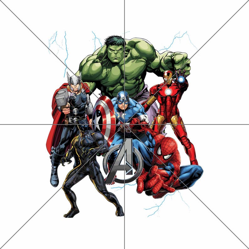 May include: A group of superheroes, including Hulk, Thor, Iron Man, Captain America, Black Panther, and Spider-Man, are shown in a comic book style illustration. The Avengers logo is in the center of the image.