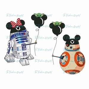 Puede incluir: Ilustración digital con R2-D2 con un lazo de Minnie Mouse, BB-8 y dos globos negros con Grogu. Los personajes sostienen las cuerdas de los globos. La imagen tiene un fondo blanco y el texto "Tu Fashion Digital" se repite.