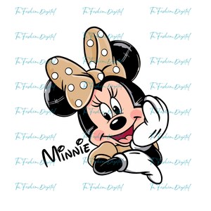 Może przedstawiać: Postać z kresk&oacute;wki Minnie Mouse z brązową kokardką w białe kropki. Patrzy w prawo i uśmiecha się. Tekst "Minnie" jest napisany pod nią.