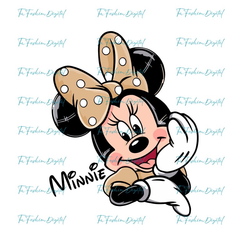 Może przedstawiać: Postać z kresk&oacute;wki Minnie Mouse z brązową kokardką w białe kropki. Patrzy w prawo i uśmiecha się. Tekst "Minnie" jest napisany pod nią.