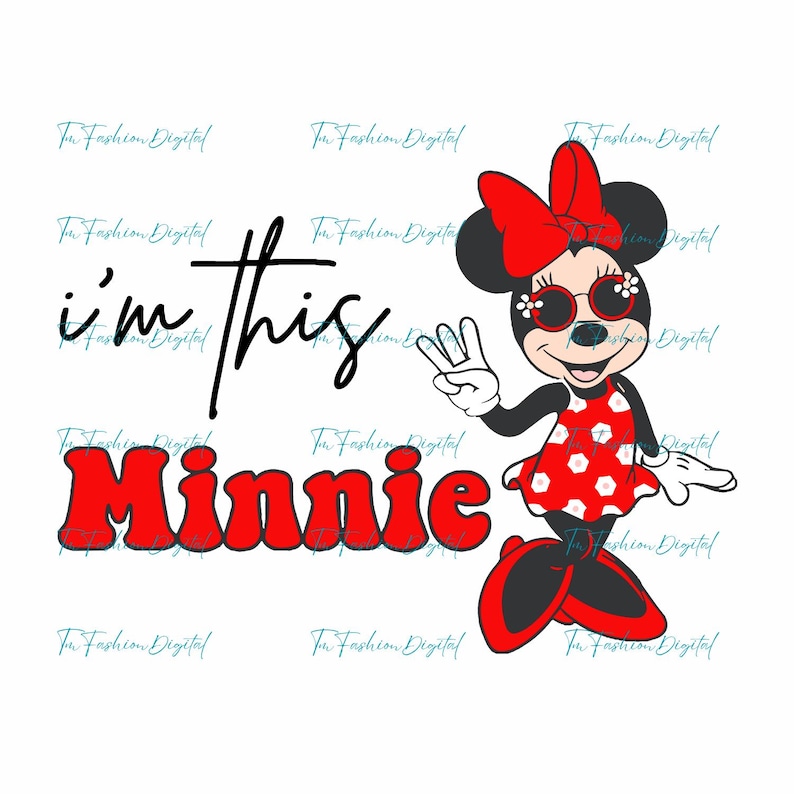 Puede incluir: Imagen de Minnie Mouse con un vestido rojo de lunares, gafas de sol y un lazo rojo. El texto "I'm this Minnie" se muestra en negro y rojo. La imagen est&aacute; sobre un fondo blanco.