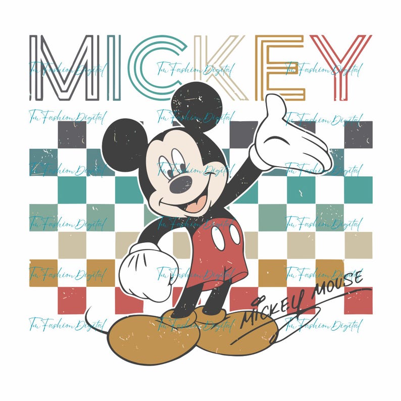 May include: A graphic of Mickey Mouse in a vintage style. The word "MICKEY" is above the character in a retro font. Mickey is wearing red shorts, yellow shoes, and white gloves. The background is a checkered pattern of teal, brown, and gray.