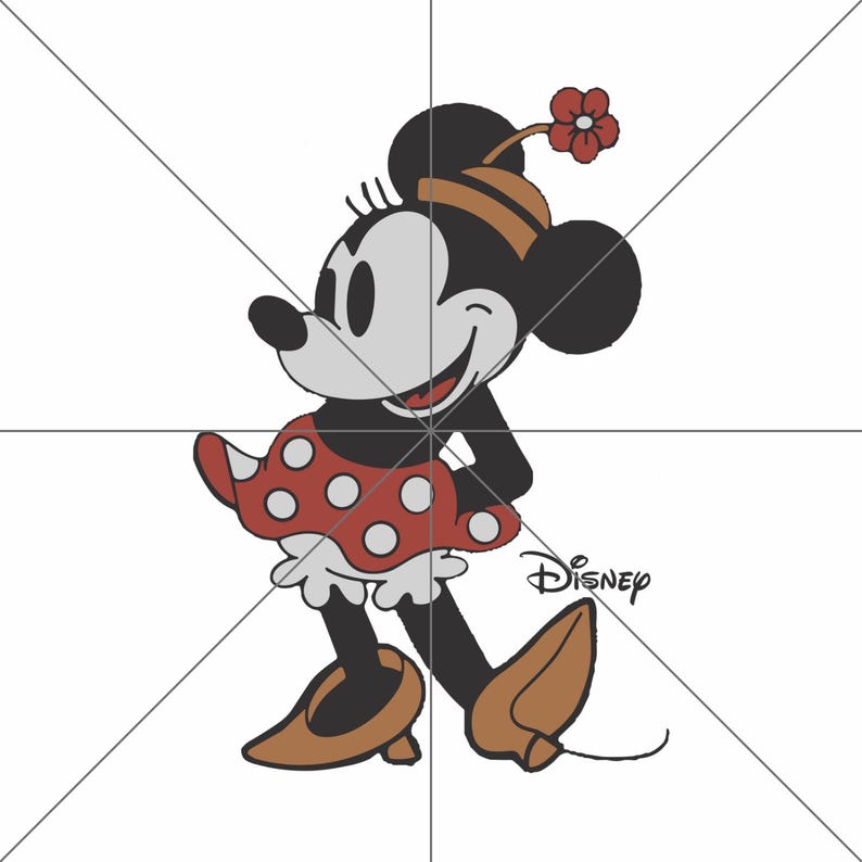 K&ouml;nnte beinhalten: Cartoon-Illustration von Minnie Maus in einem roten Kleid mit wei&szlig;en Punkten, braunen Schuhen und einem Hut mit roter Blume. Das Disney-Logo befindet sich unten rechts. Minnie l&auml;chelt und geht.
