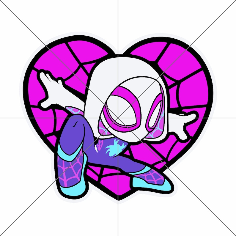 May include: A cartoon illustration of Spider-Gwen in a heart-shaped design. The character is depicted in a dynamic pose, wearing a white hood, purple and blue suit, and a spiderweb pattern. The background is a vibrant pink.